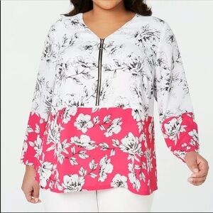 NEW Alfani Plus Top Blouse White Fuchsia Floral Peony Long Sleeves V Neck 0X
